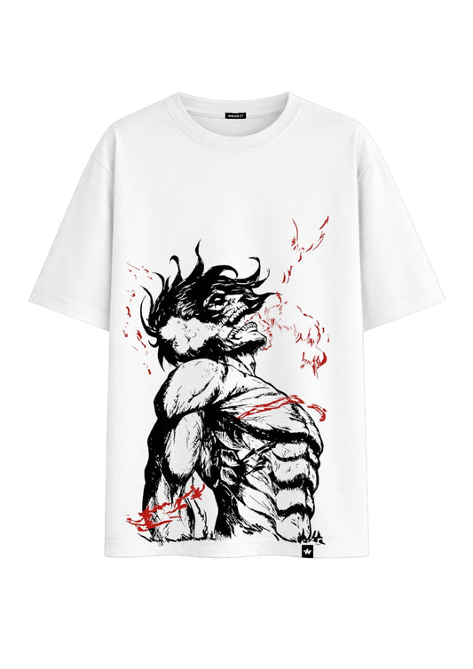 White Oversized Eren Yeager Design Printed Tee