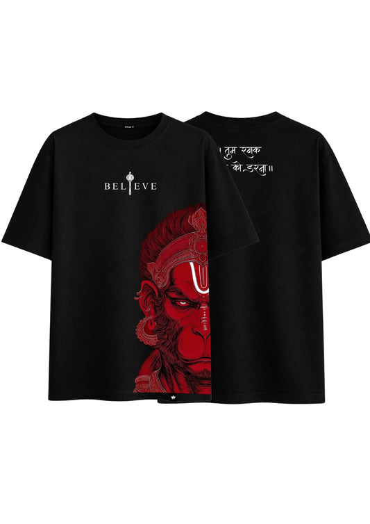 Black Oversized Hanuman Design Tee