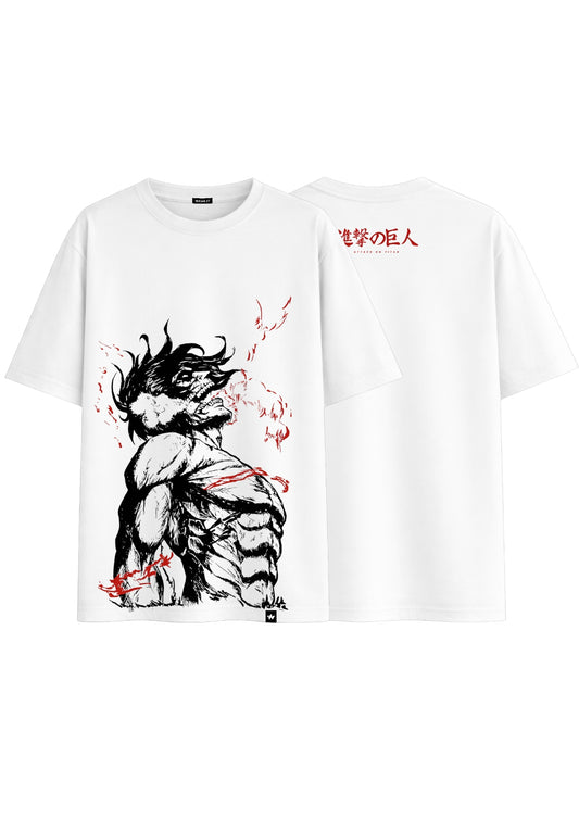 White Oversized Eren Yeager Design Printed Tee