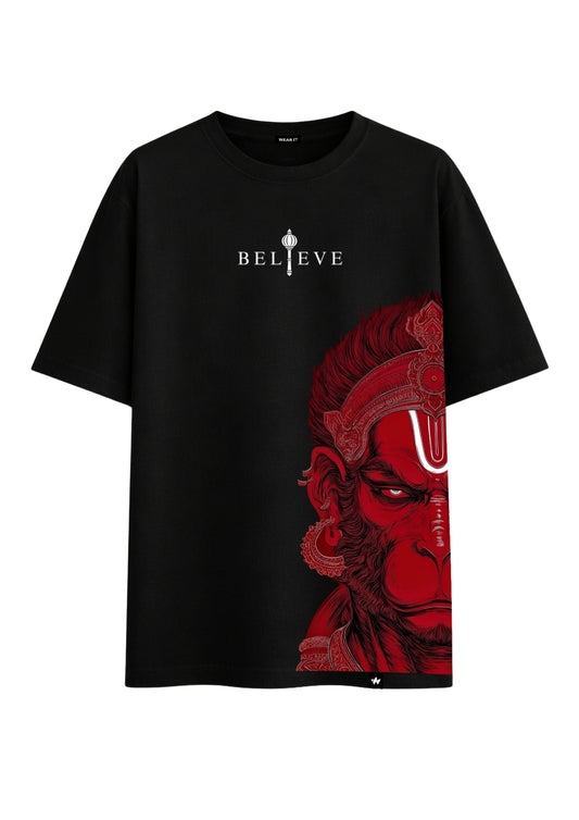 Black Oversized Hanuman Design Tee
