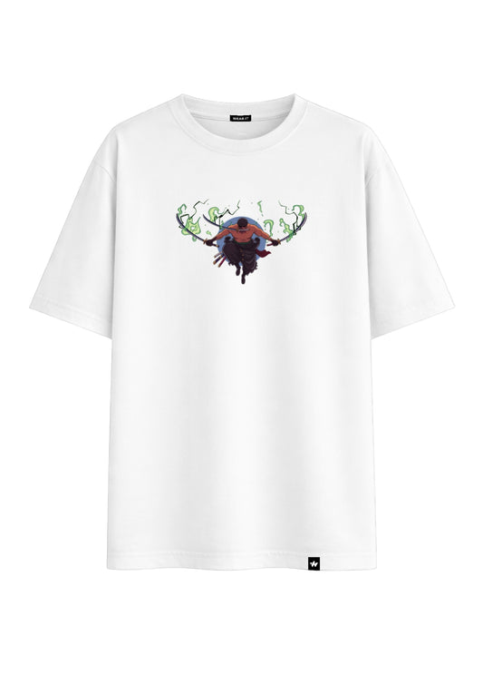 White Oversized Roronoa Zoro Design Printed Tee