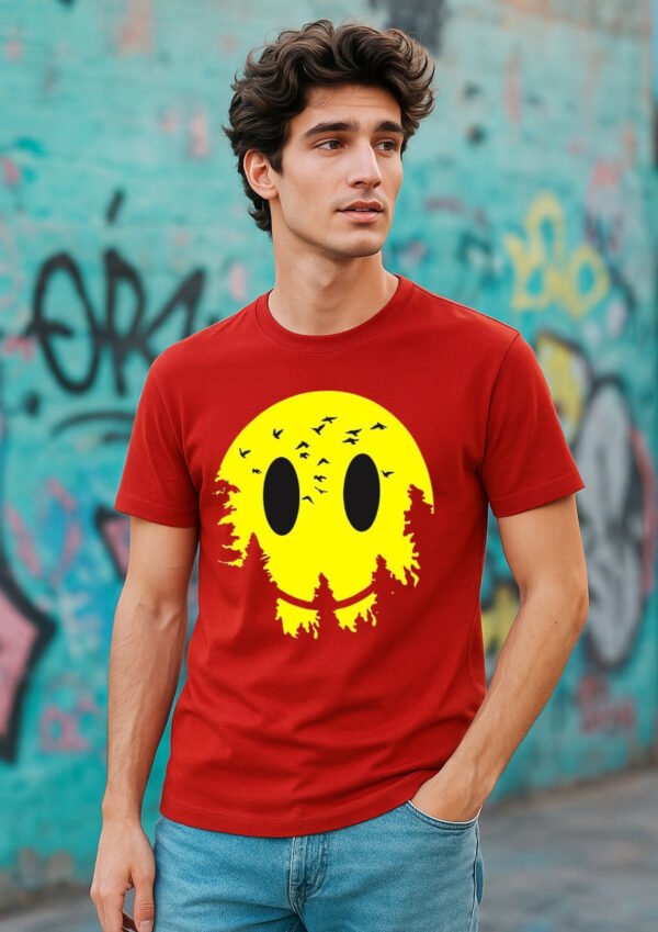 Mens Red Smile Printed Regular T-Shirt