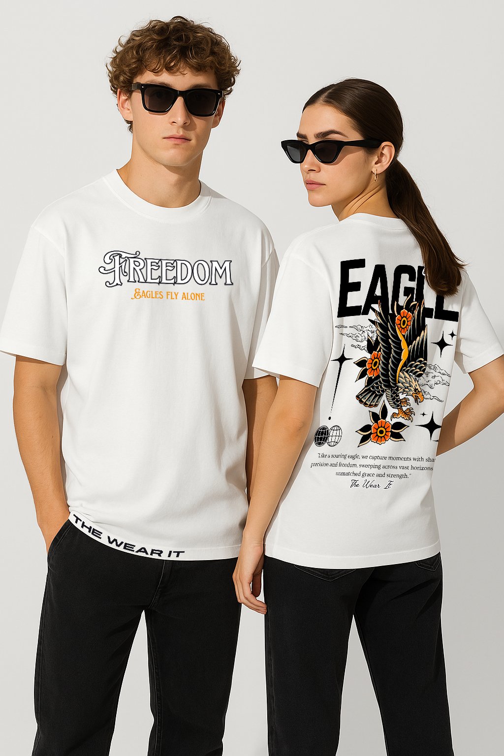 White Oversized Exclusive Eagle Design Printed T-Shirt